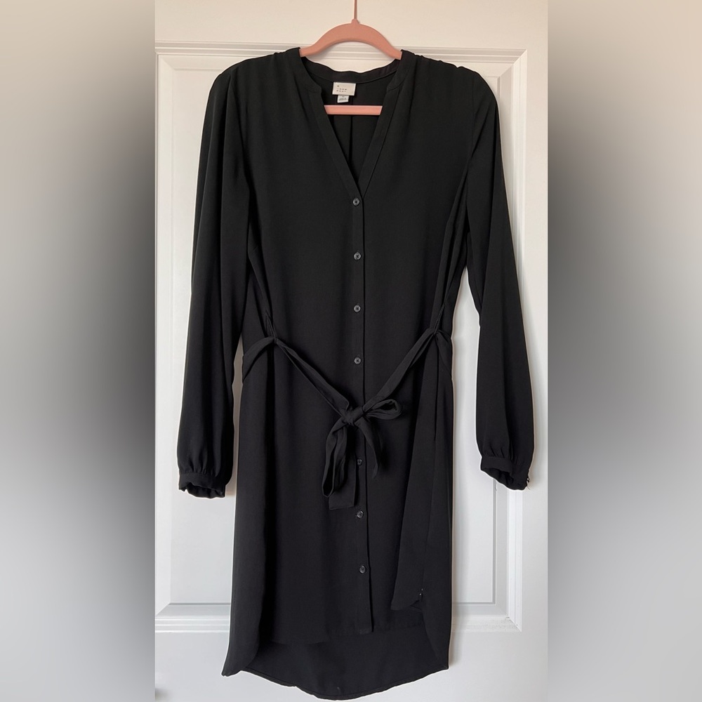 a new day Black Button Up Tie Waist Long Sleeve Dress